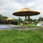 grote parasol riet bij zwembad